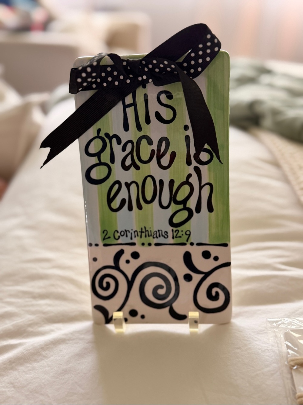 Mustard Seed Green and White 'His Grace Is Enough' Plaque with Polka Dot Bow